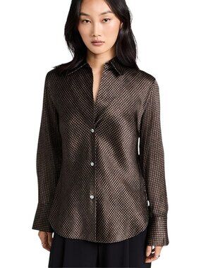 Vince Silk Bias Cut Brown/Black Houndstooth Blouse Long Sleeve Quiet Luxury - SP